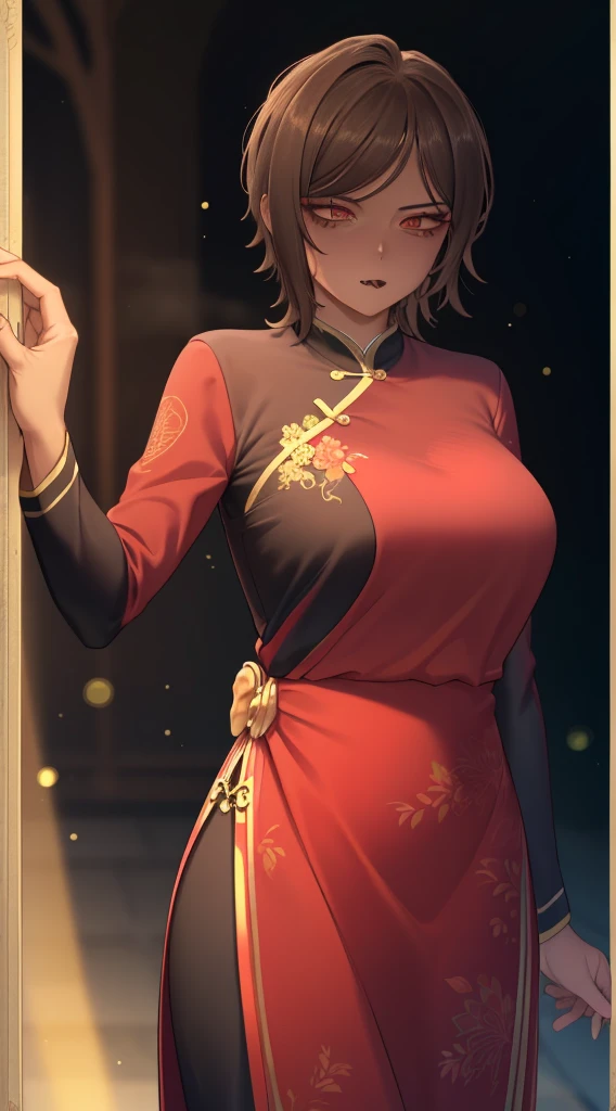 Wearing a red gaudy cheongsam with red lipstick, a beautiful  mature woman with brown hair, （solo：1.2），perfect body, with glasses，（highest quality，masterpiece：1.4）