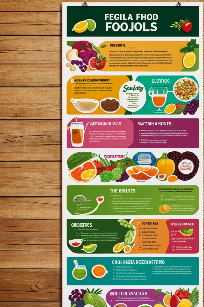 A poster with 5 healthy foods, On the one hand, it has a list and scattered images that attract a lot of attention and are animated.