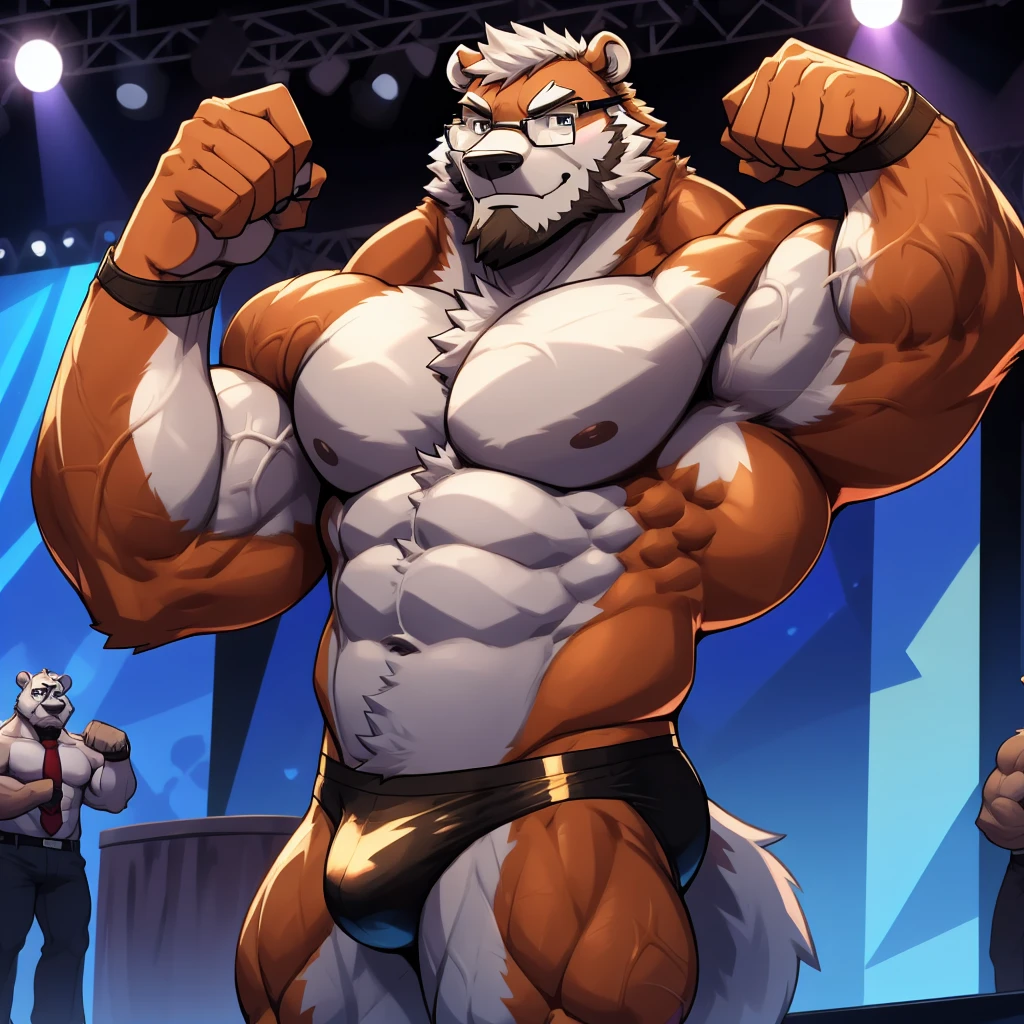 solo, 1boy, Huge Thickend Muscular Old Polar Bear wearing glasses, huge white fur, pectoral, huge pectoral, wide pectoral, brown fur, huge white fur, short white hair, blue competitive briefs, shirtless topless, bearded, 
Mustache, bodybuilding competition stage background, masterpiece, high detailed, 8k, high resolution, at the stage flexing whole body veiny. (Side chest bodybuilding pose). Winner, gold metal
