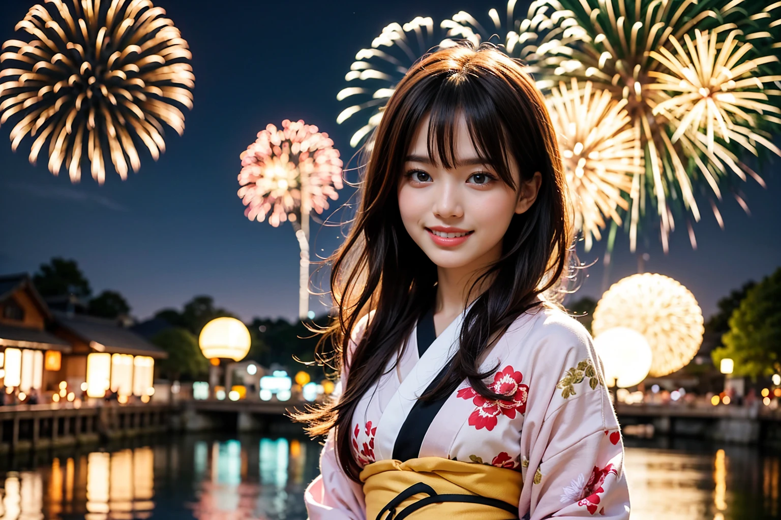 A woman, having fun, smiling, with pink silky hair, hair fluttering in the wind, wearing a Japanese kimono with a goldfish pattern, in the background a large fireworks display, a riverbank, a slightly blurred crowd a little away from the surroundings. High resolution, HDR, high quality. The summary is that she is having fun at the fireworks festival.