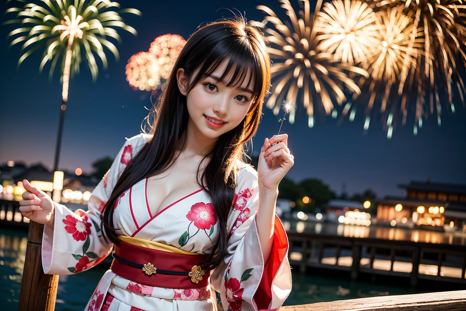 A woman, having fun, smiling, with pink silky hair, hair fluttering in the wind, wearing a Japanese kimono with a goldfish pattern, in the background a large fireworks display, a riverbank, a slightly blurred crowd a little away from the surroundings. High resolution, HDR, high quality. The summary is that she is having fun at the fireworks festival.