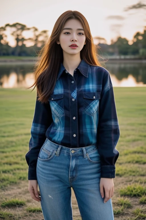 Close-up of a woman wearing a plaid shirt, wearing a plaid shirt, Put on a shirt, Casual wear, Long sleeve shirt with buttons, wearing Casual wear หญิงอาราฟเฟ่, beautiful,  very beautiful woman, Attractive and beautiful, sexy girl, Asian girl, beautiful female model, jaw-dropping beauty, Attractive face and body, Movie goddess body shot, Goddess Filming, Asian girlที่beautifulงาม, asian woman, นักรบหญิงที่beautifulงาม,