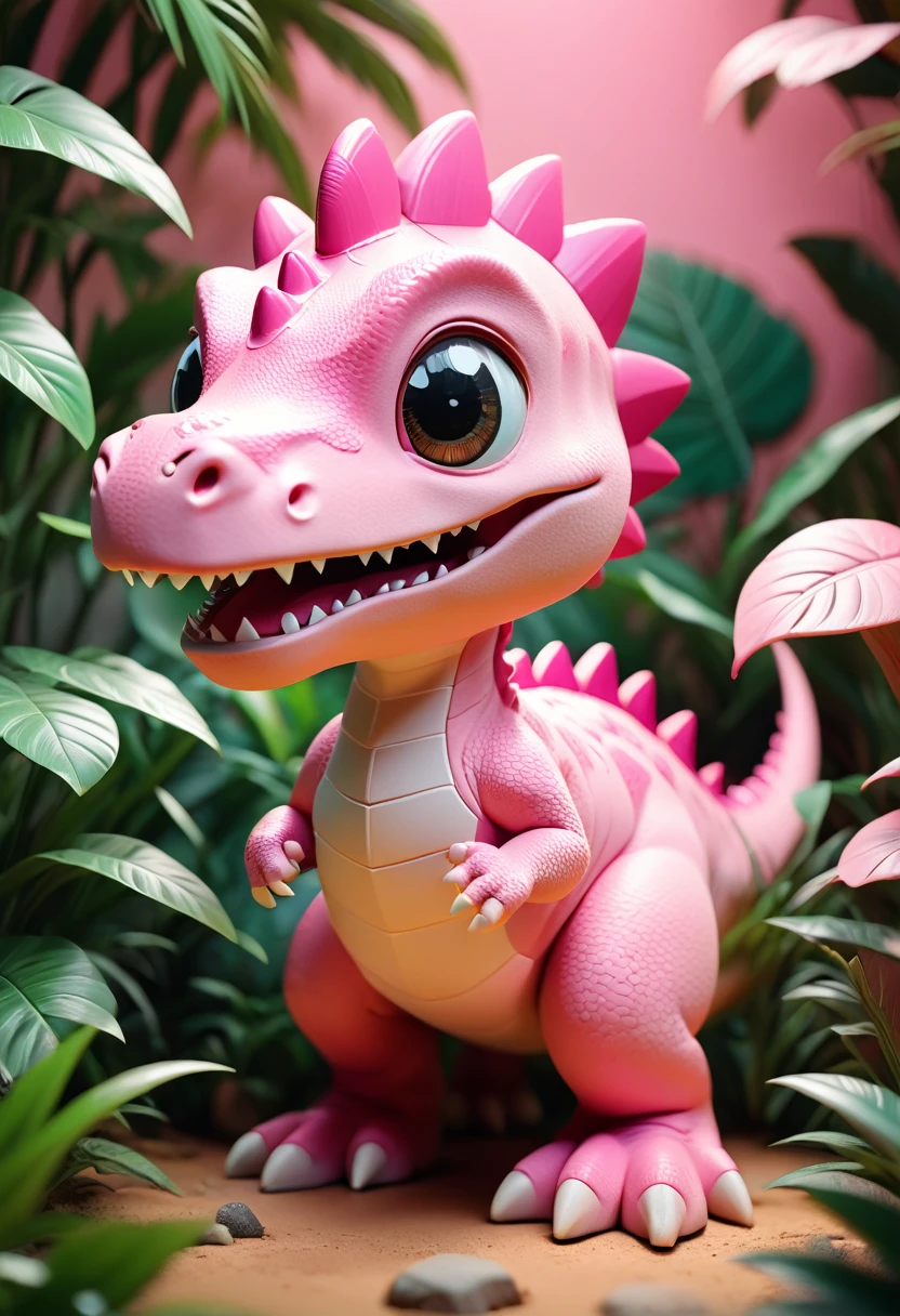 smiley, anime style, cubism, uhd, anatomically correct, High quality cute 3D simple cartoon style pink tone dinosaur.Jungle background