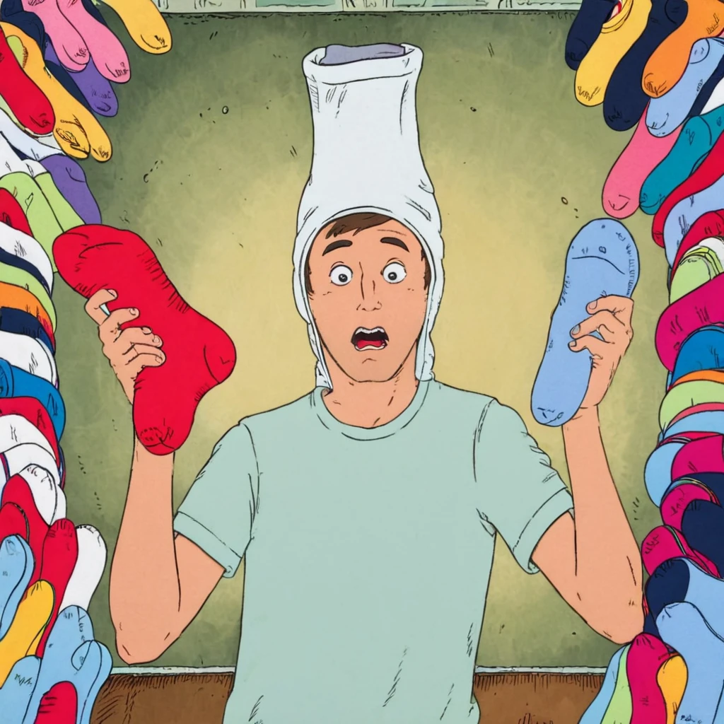 the guy is holding socks in his hands, there are socks on his head, the guy is shocked, there are a lot of socks 
