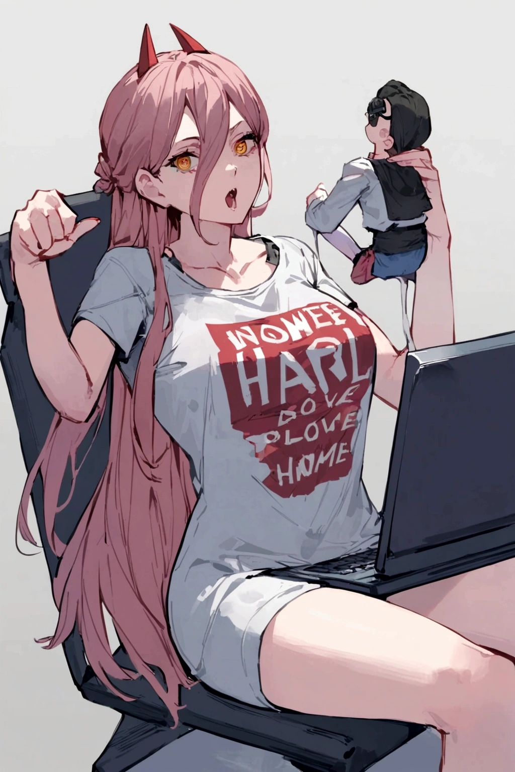 A Power,sitting on a chair,playing on a PC,wearing a shirt written,o nome Harl,in back .