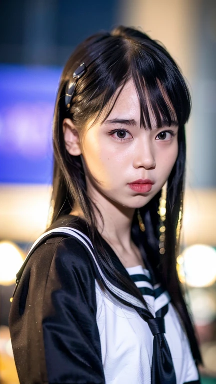 best quality, ultra high res, (photorealistic:1.4), 1girl, the girl wearing black sailor uniform, night, shibuya 109 background, shibuya, city light, cinematic lighting, 80s filter, zoom to face, detailed face , looking at viewer, front view