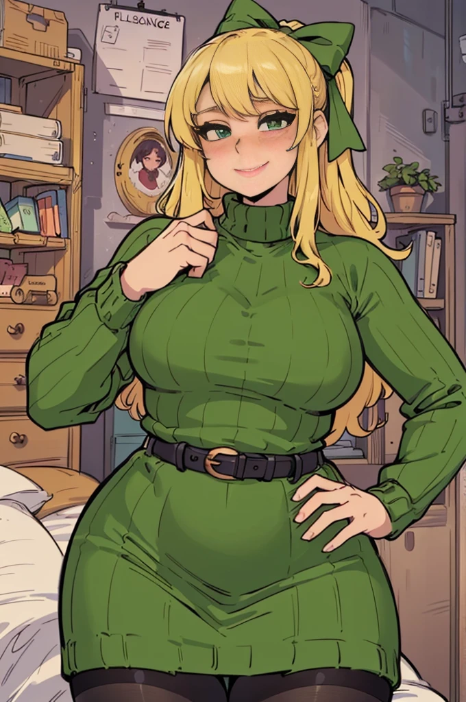 ((art by Kipteitei)), ((Masterpiece, best quality, perfect lighting, amazing shading)), (perfect anatomy, realistic proportions), field of depth, extremely beautiful, detailed face, ultra cute face, cute, long blonde hair, hair ribbons, green eyes, sweater dress, pantyhose, cute smile, (curvy), [belt], blushing, (elegant pose), bedroom background, detailed background