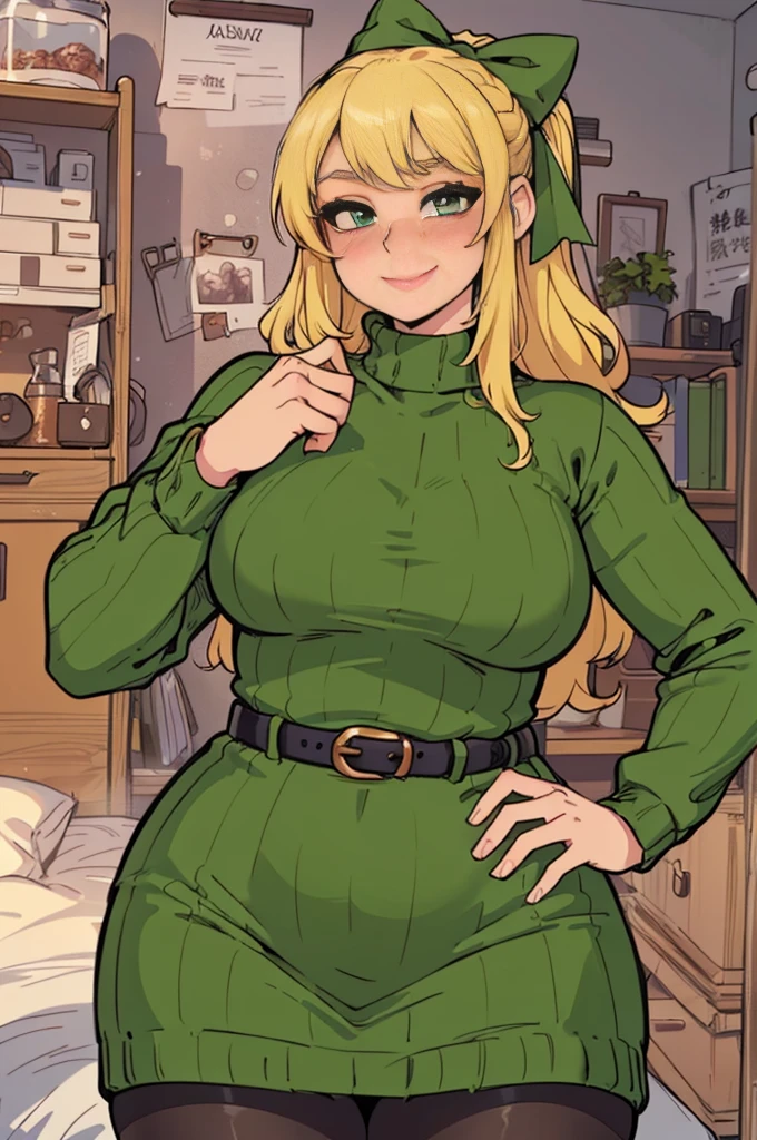 ((art by Kipteitei)), ((Masterpiece, best quality, perfect lighting, amazing shading)), (perfect anatomy, realistic proportions), field of depth, extremely beautiful, detailed face, ultra cute face, cute, long blonde hair, hair ribbons, green eyes, sweater dress, pantyhose, cute smile, (curvy), [belt], blushing, (elegant pose), bedroom background, detailed background