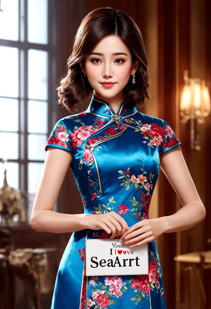 a beautiful detailed asian girl wearing a cheongsam dress, intricate floral patterns, elegant pose, holding a board on which "I love SeaArt" is written, serene expression, cinematic lighting, dramatic shadows, warm color palette, Delicate fabric textures, ultra detailed, 8k, high resolution, photorealistic, Masterpiece ,YouCam Enhance 3D, hyper photorealistic 300dpi 8K hiperdetallado , photorealistic, ultrarealistic, holographic, dynamic lighting, 32k, 18k, high quality digital graphics, HD, HDR, UHD  

