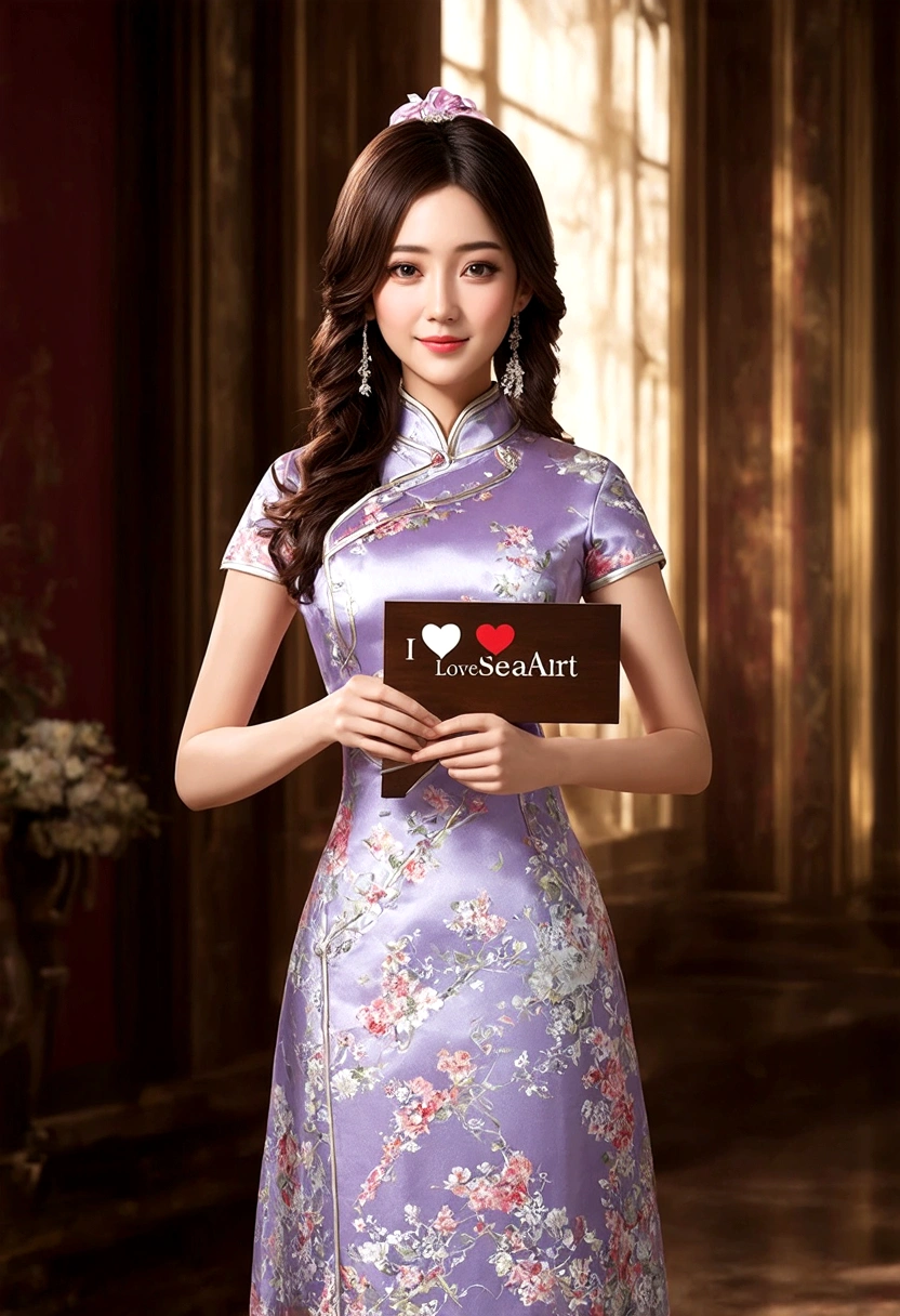 a beautiful detailed asian girl wearing a cheongsam dress, intricate floral patterns, elegant pose, holding a board on which "I love SeaArt" is written, serene expression, cinematic lighting, dramatic shadows, warm color palette, Delicate fabric textures, ultra detailed, 8k, high resolution, photorealistic, Masterpiece ,YouCam Enhance 3D, hyper photorealistic 300dpi 8K hiperdetallado , photorealistic, ultrarealistic, holographic, dynamic lighting, 32k, 18k, high quality digital graphics, HD, HDR, UHD  
