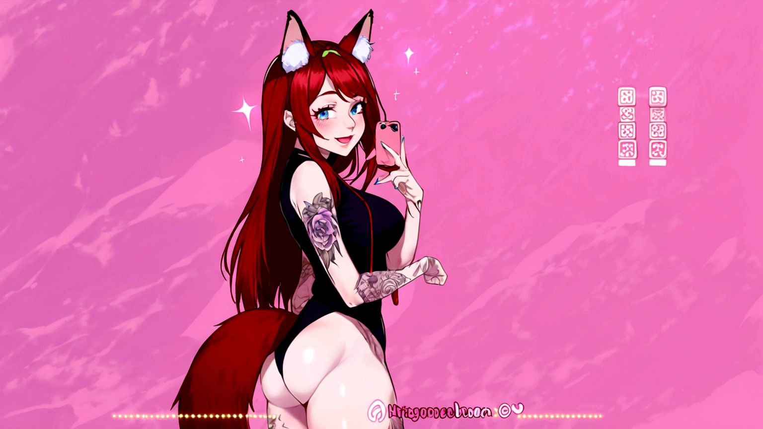 a redhead woman, very long hair falling to butt height. She is wearing a purple blouse that highlights her large breasts.. She has red fox ears, with the inside of the ears in light pink, and a red fox tail with a light pink tip. Only his left arm is completely tattooed. She has fair white skin and a slim body with blue eyes.