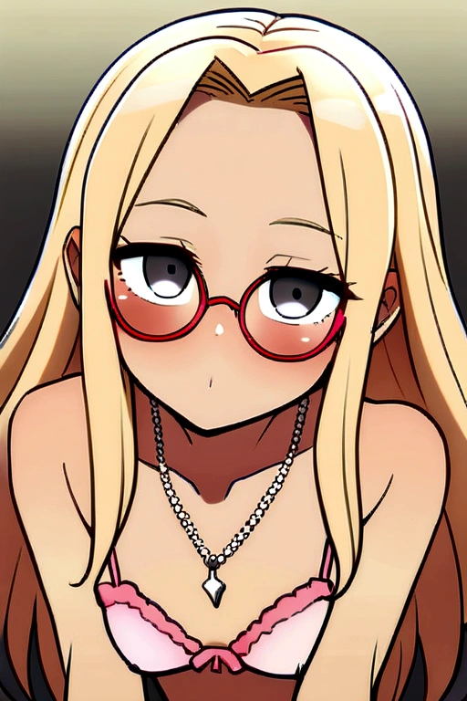 ((Very Tanned skin)) ((long silver rosary)) ((super skinny body)) ((best quality)) ((masterpiece)) (detailed) ((suggestive pose)) ((long hair)) ((blonde hair)) ((bangs)) ((Pastel pink lingerie)) ((Coquette)) ((red bayonette glasses)) ((black eye color)) ((super tan skin)) ((small breasts)) ((silver rosary necklace)) ((delicate)) ((girly)) ((petite and skinny anime girl)) ((birth mark on chin)) ((accurate to description)) ((Pamela Anderson hair)) ((sexy pose)) ((exctasy)) ((sucking on fingers)) ((big black eyes)) ((flushed cheeks)