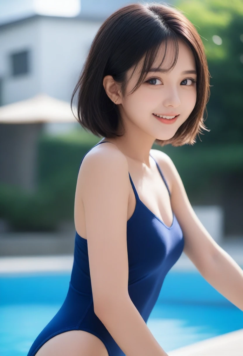 8K, Ultra-high resolution, Highest quality, masterpiece, 三分割法によるphotograph,Surreal, photograph, 1 Girl, (:1.3), cute女の子, cute顔, Beautiful eyes in every detail, 細かくdetailedに,masterpiece,, One Girl:1.2, Japan Female Announcer,whole body,Bright lighting,One Girl,(cute:1.2),Perfect glowing skin,Perfect Skin,Braided Bob, Competitive swimmer, (one piece, turtleneck,Sleeveless swimwear), Clear sapphire glass swimsuit, Tight High Leg Swimwear, ((Back view:1.3, Looking over your shoulder:1.3, Shoot from below:1.3)), Outdoor swimming pool,A carefree smile,Heal the heart,Black Hair,Short Bob,Looking at the audience、beauty,Long neck、Laugh a little、Please close your mouth and laugh、(((Ideal body type))),A cup small breasts :2,、Portraiture:2、Perfect Anatomy、鮮明なdetailed、detailed、Surreal、Light and shadow,Strong light