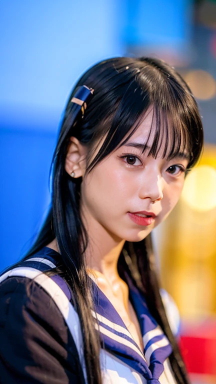 best quality, ultra high res, (photorealistic:1.4), 1girl, the girl wearing black sailor uniform, night, shibuya 109 background, shibuya, city light, cinematic lighting, 80s filter, zoom to face, detailed face , looking at viewer, front view