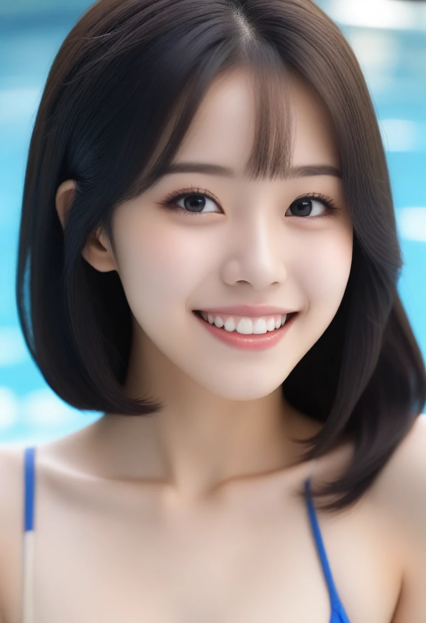 8K, Ultra-high resolution, Highest quality, masterpiece, 三分割法によるphotograph,Surreal, photograph, 1 Girl, (16 years old:1.3), cute女の子, cute顔, Beautiful eyes in every detail, 細かくdetailedに,masterpiece,, One Girl:1.2, Japan Female Announcer,whole body,Bright lighting,One Girl,(cute:1.2),Perfect glowing skin,Perfect Skin,Braided Bob, Competitive swimmer, (one piece, turtleneck,Sleeveless swimwear), Clear sapphire glass swimsuit, Tight High Leg Swimwear, ((Back view:1.3, Looking over your shoulder:1.3, Shoot from below:1.3)), Outdoor swimming pool,A carefree smile,Heal the heart,Black Hair,Short Bob,Looking at the audience、beauty,Long neck、Laugh a little、Please close your mouth and laugh、(((Ideal body type))),A cup small breasts :2,、Portraiture:2、Perfect Anatomy、鮮明なdetailed、detailed、Surreal、Light and shadow,Strong light