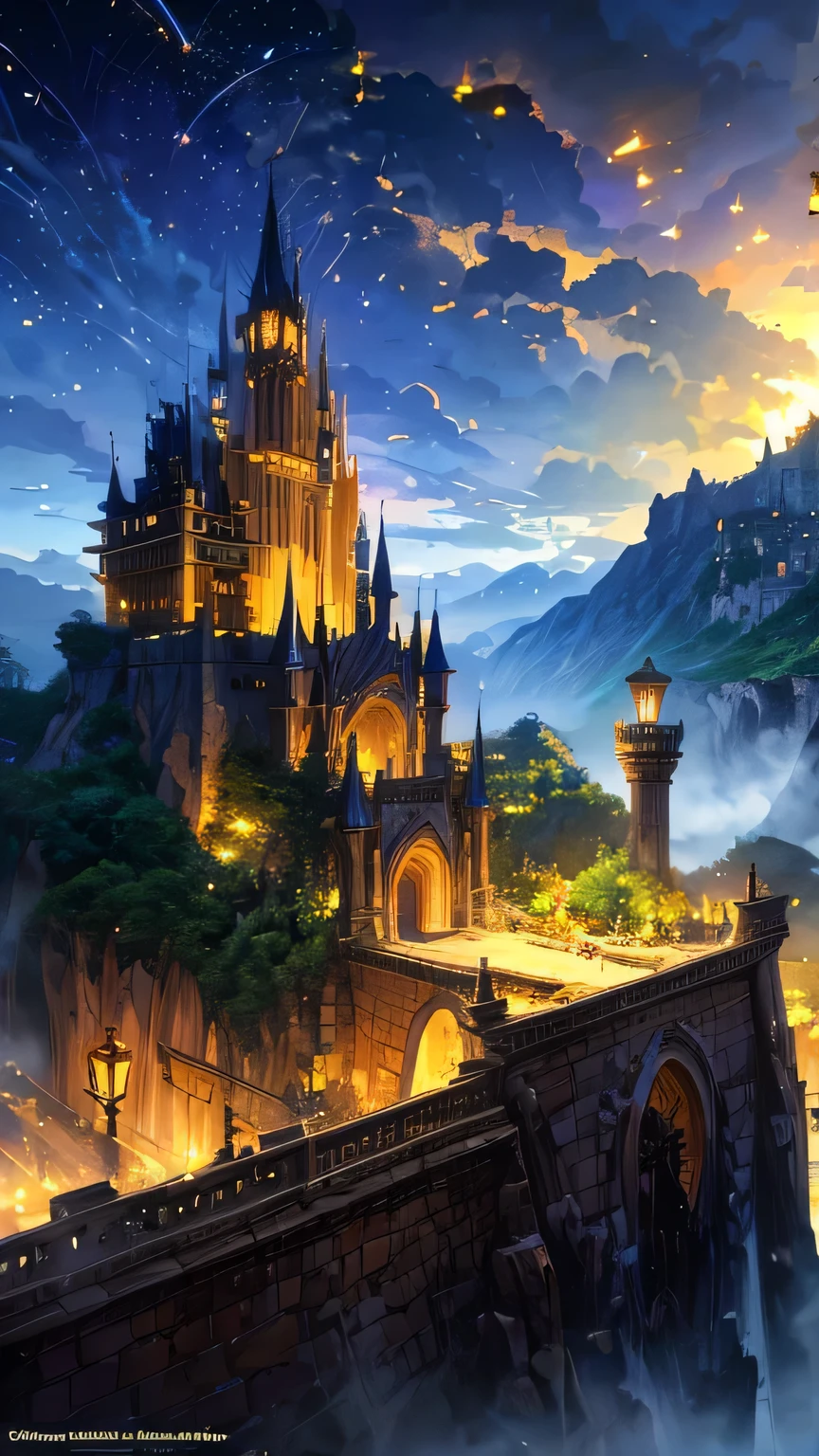 A fantastic castle, the symbol of Anime Village, with a mountain in the background, medeival fantasy town, Mountain fortress city, fantasy town setting, Detailed fantasy digital art, A bustling magical town, detailed digital concept art, Clifftop town, Highly detailed digital art in 4K, fantasy town, detailed 4K concept art, highly detailed fantasy art, Beautifully detailed concept art, Steampunk village castle (Broke Effect) (Fireflies and light effects)
