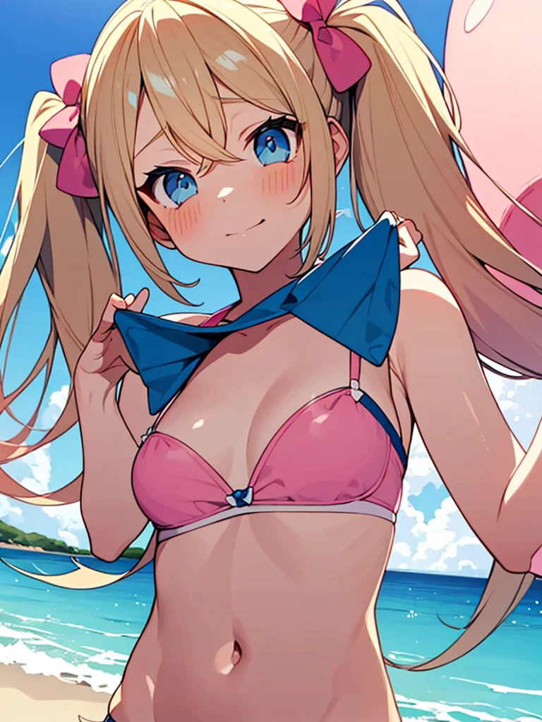 an adult girl, Blonde, blue eyes, two pigtails tied with two pink bows, pink bikini, in a beach environment