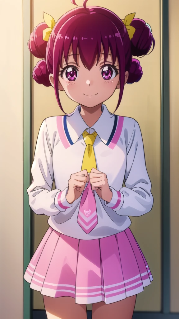 miyukihoshizora, Miyuki Hoshizora, short hair, pink hair, bow, hair bow, (pink eyes:1.3), hair bun, double hair bun, ahoge, yellow bow, smile,
BREAK , necktie, pink necktie, nanairogaoka middle , long sleeves, skirt, blue skirt,
BREAK indoors,classroom,
BREAK looking at viewer, dynamic pose,
BREAK (masterpiece:1.2), best quality, high resolution, unity 8k wallpaper, (illustration:0.8), (beautiful detailed eyes:1.6), extremely detailed face, perfect lighting, extremely detailed CG, (perfect hands, perfect anatomy),mini skirt、Panties in full view、Lifting her skirt to show off her panties、Embarrassed smile、足を大きく開く、しゃがんでいる、パンティがとてもよく見える、