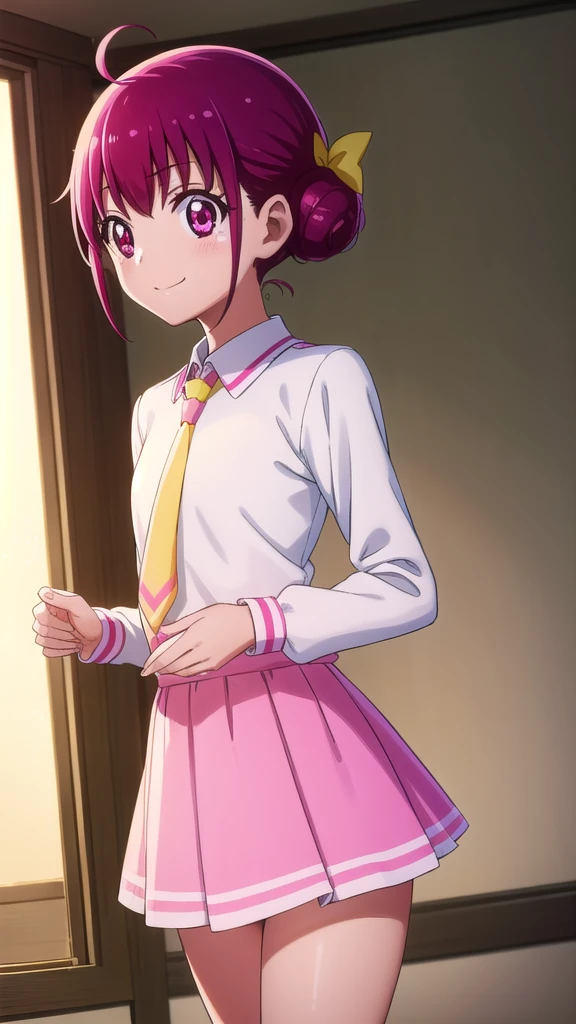 miyukihoshizora, Miyuki Hoshizora, short hair, pink hair, bow, hair bow, (pink eyes:1.3), hair bun, double hair bun, ahoge, yellow bow, smile,
BREAK , necktie, pink necktie, nanairogaoka middle , long sleeves, skirt, blue skirt,
BREAK indoors,classroom,
BREAK looking at viewer, dynamic pose,
BREAK (masterpiece:1.2), best quality, high resolution, unity 8k wallpaper, (illustration:0.8), (beautiful detailed eyes:1.6), extremely detailed face, perfect lighting, extremely detailed CG, (perfect hands, perfect anatomy),mini skirt、Panties in full view、Lifting her skirt to show off her panties、Embarrassed smile、足を大きく開く、しゃがんでいる、パンティがとてもよく見える、