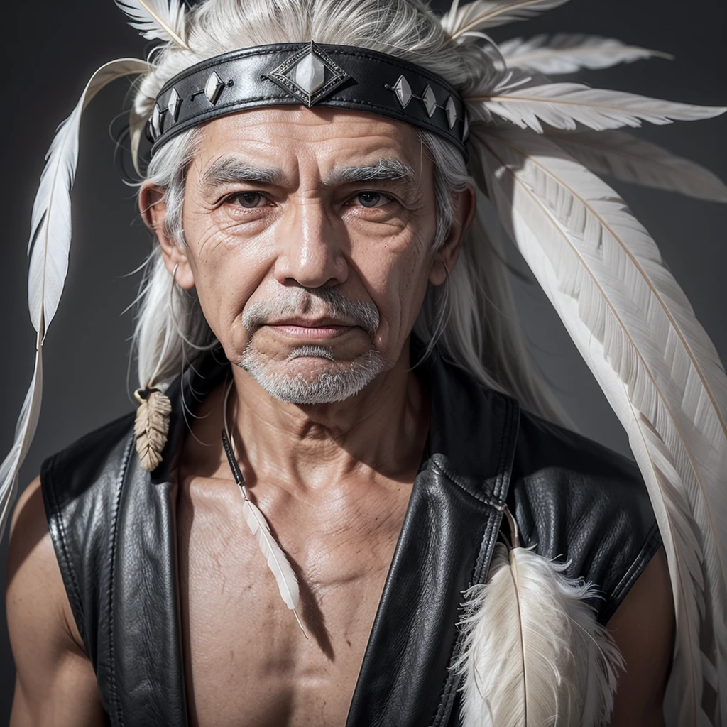Elderly indigenous male with a soft expression and straight gray hair semi-tied by a headdress and leather with a large white feather behind the head in a central vertical position