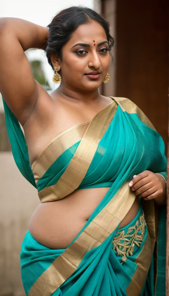 Foto RAW, photorealistic, photography, full body shot, 50 years old Woman, master shot, perfect eyes, goddess like beauty, pierced eyes, perfect thick chubby mallu Desi aunty bhabhi, Wearing a Stanapatta, a chest-band.Saree model, model Photography, Indian saree shoot, Indian traditional wear advertising photography, traditional wear brand shoot, face of Indian actress Sonakshi Sinha, masterpiece, realistic, realism, incredible details,  pleasure, photorealism, detailed skin, skin pores, high contrast, photorealistic Artstation 8k HD digital art trend of high definition and detailed realistic skin texture, ultra detail, realistic skin texture, armature, best quality, ultra high definition, (photorealistic:1.4),, high resolution, detail, raw photo, sweat, Re sharp, by Lee Jefferies Nikon D850 Film Stock Photo 4 Kodak Portra 400 Camera F1.6 Lens Rich Color Ultra Real Realistic Realistic Textures Dramatic Lighting Unreal Engine Trending at Art Station Cinestill 800,(pele altamente detalhada: 1.2), 8k UHD, DSLR, soft-lighting, alta qualidade, grain of film, Fujifilm XT3,she didn't like to wear blouse or bra, she is happy to wear only saree, she hates blouse or bra, detailed hairy armpits, hyper realistic skin, skin pores, sweat, veins, short stubby armpit hairs, stubble armpits,