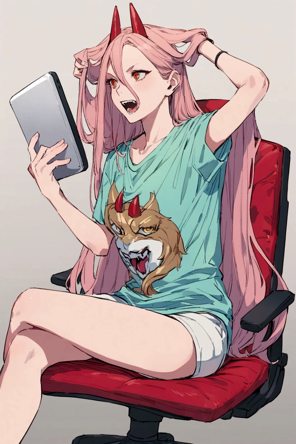 A Power,sitting on a chair,playing on a PC,wearing a shirt written, Harl,in back .