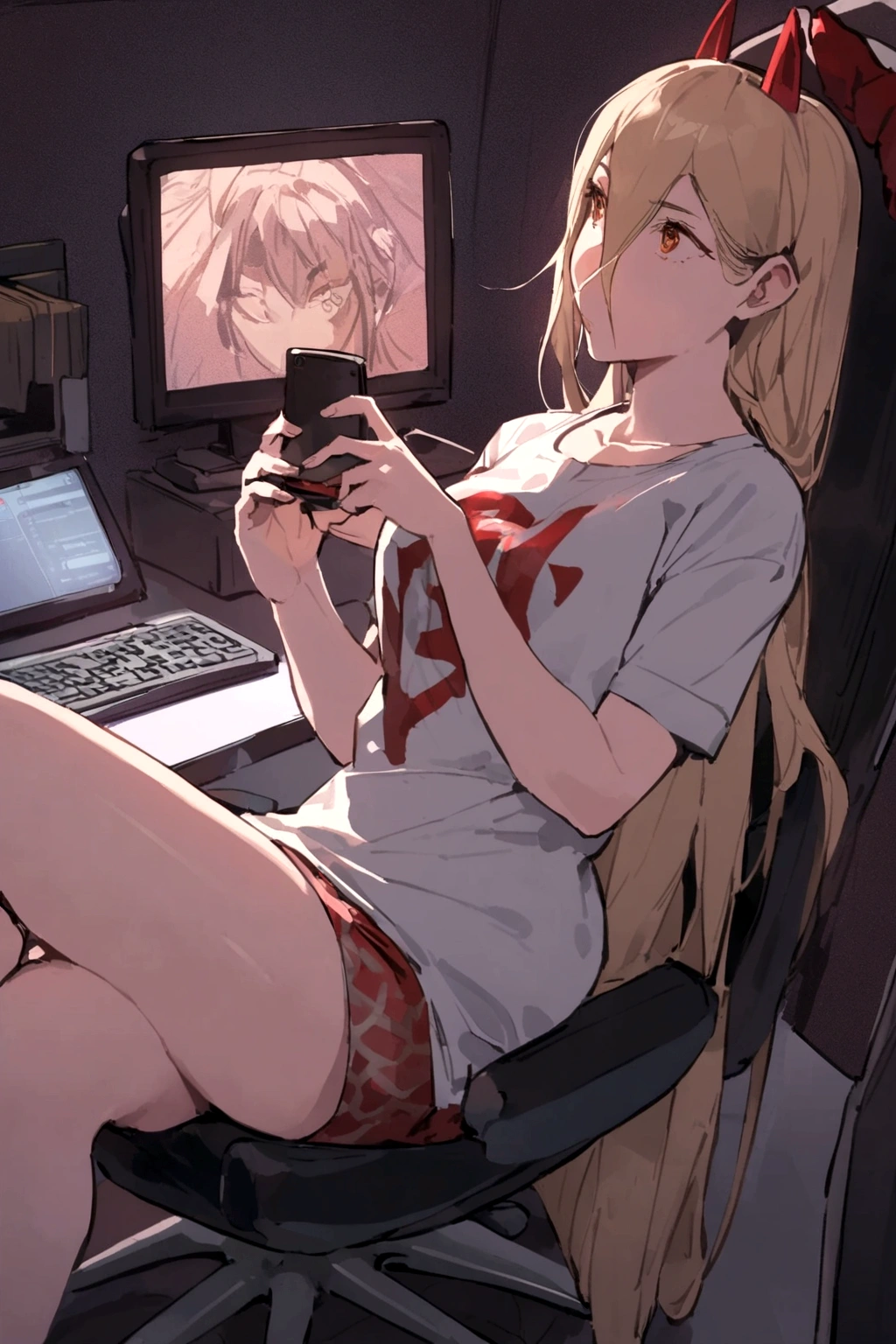 Blonde in red dress shirt, pink mouth, black eyes, open shirt, white goo on her belly, slim waist, (seen from above), (((Ultra Hd)))), sitting on the living room floor, no skirt, realistic background, --auto --s2