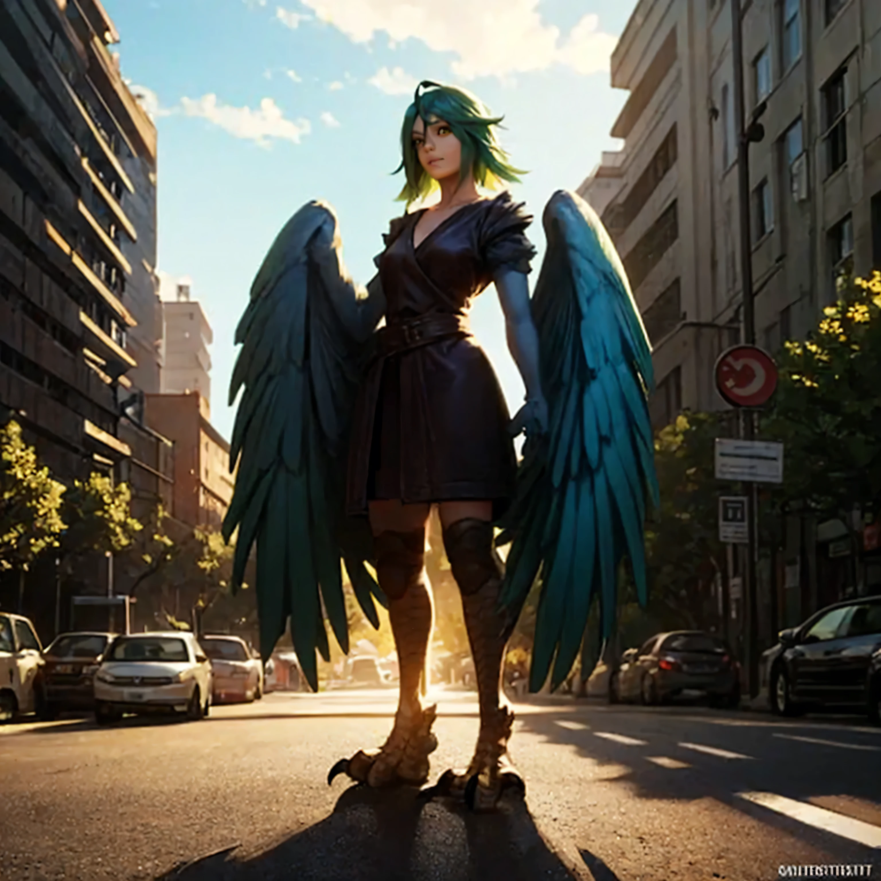 a harpy with wings for arms, green hair, green feathers, standing in front of a traffic map on a news channel, detailed and realistic, cinematic lighting, atmospheric, highly detailed, masterpiece, photorealistic, vibrant colors, 8k, sharp focus, professionally painted, concept art style