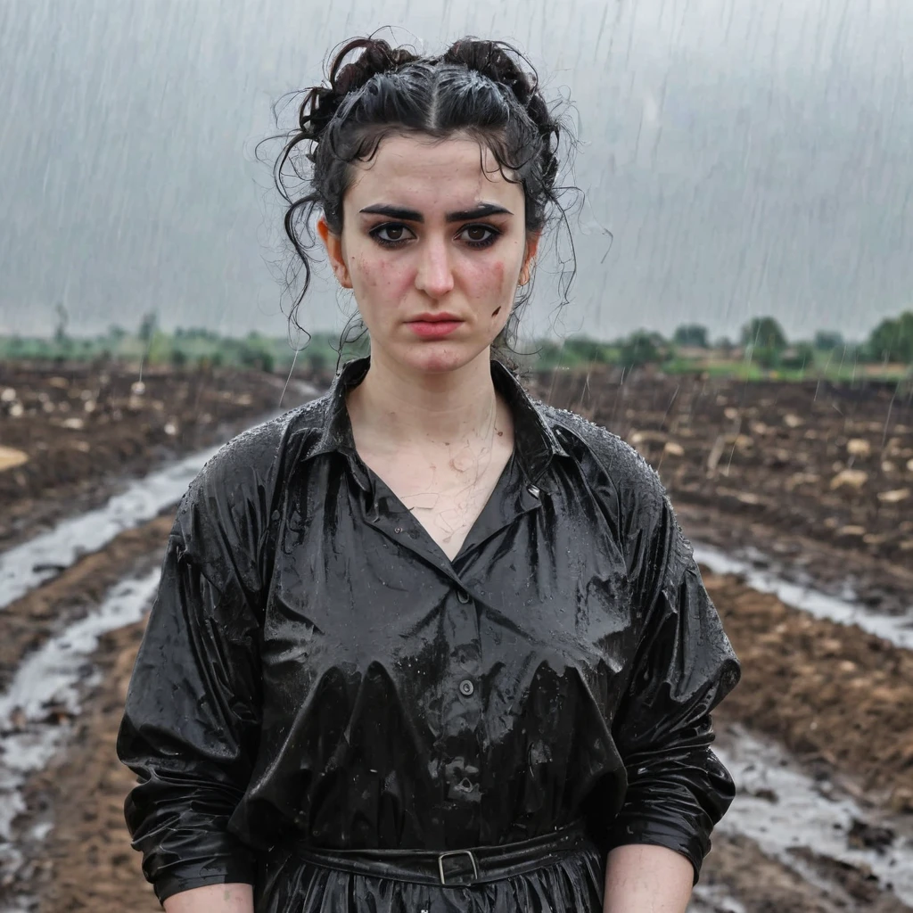Curly bun hair Pale skin black eyebrows kurdish girl standing in country raining dirty