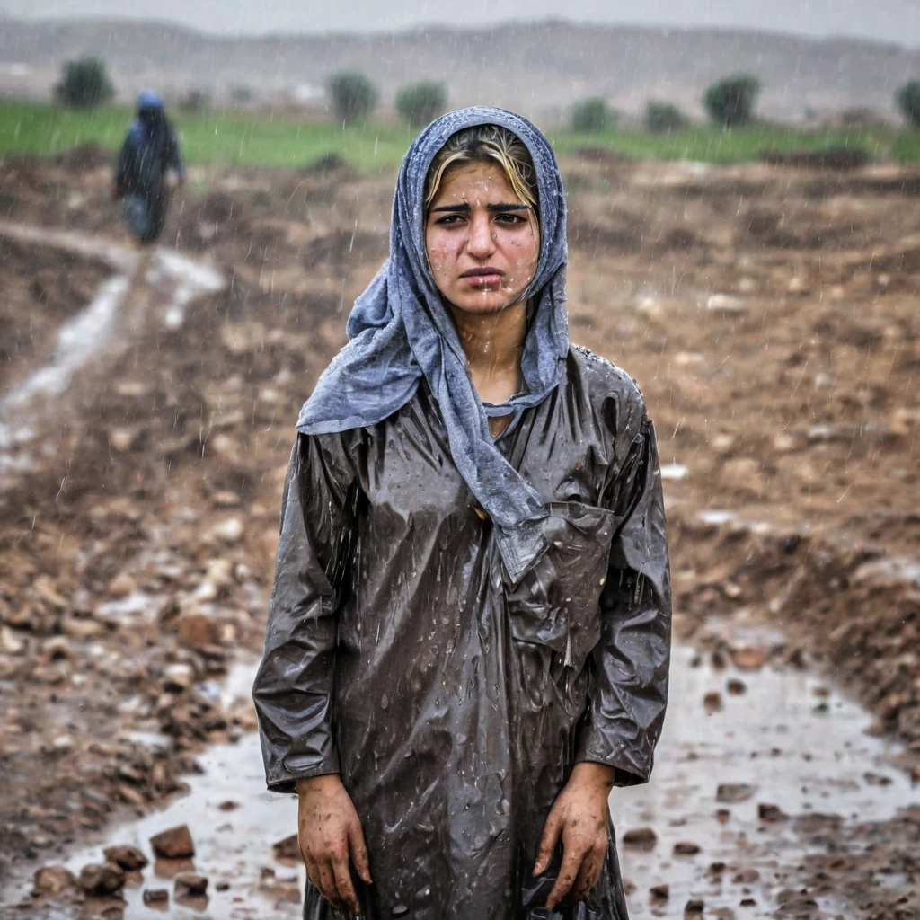 Blonde kurdish girl standing in country raining poor dirty