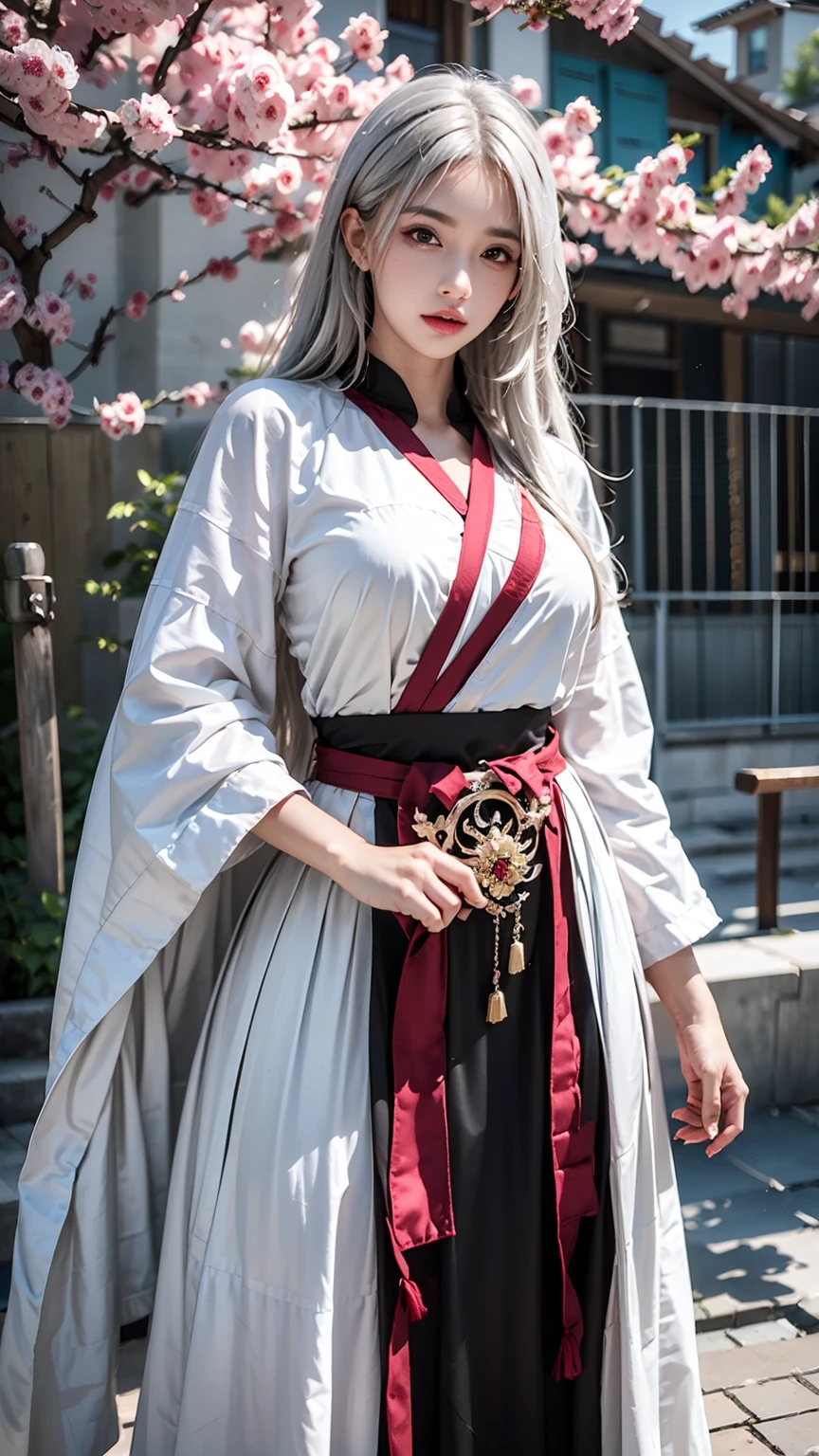 female,masterpiece, realistic, best quality, ultra detailed, cowboy_shot, long white hair, jewelery, kungfu wear, cherry blossom 