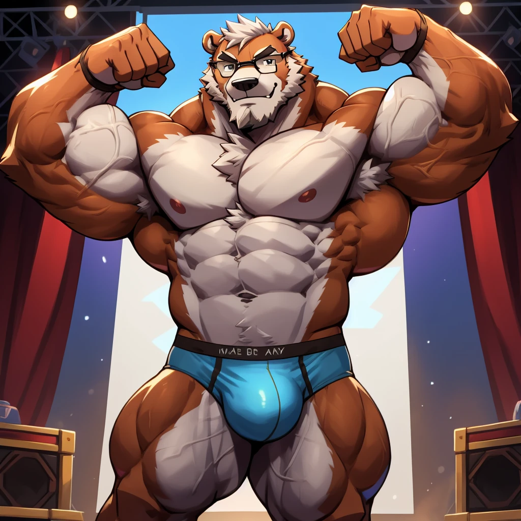 solo, 1boy, Huge Thickend Muscular Polar Bear wearing glasses, huge white fur, pectoral, huge pectoral, wide pectoral, brown fur, huge white fur, short white hair, blue competitive briefs, shirtless topless, bearded white, 
White Mustache, bodybuilding competition stage background, masterpiece, high detailed, 8k, high resolution, at the stage flexing whole body veiny. (Side chest bodybuilding pose). Winner, gold metal