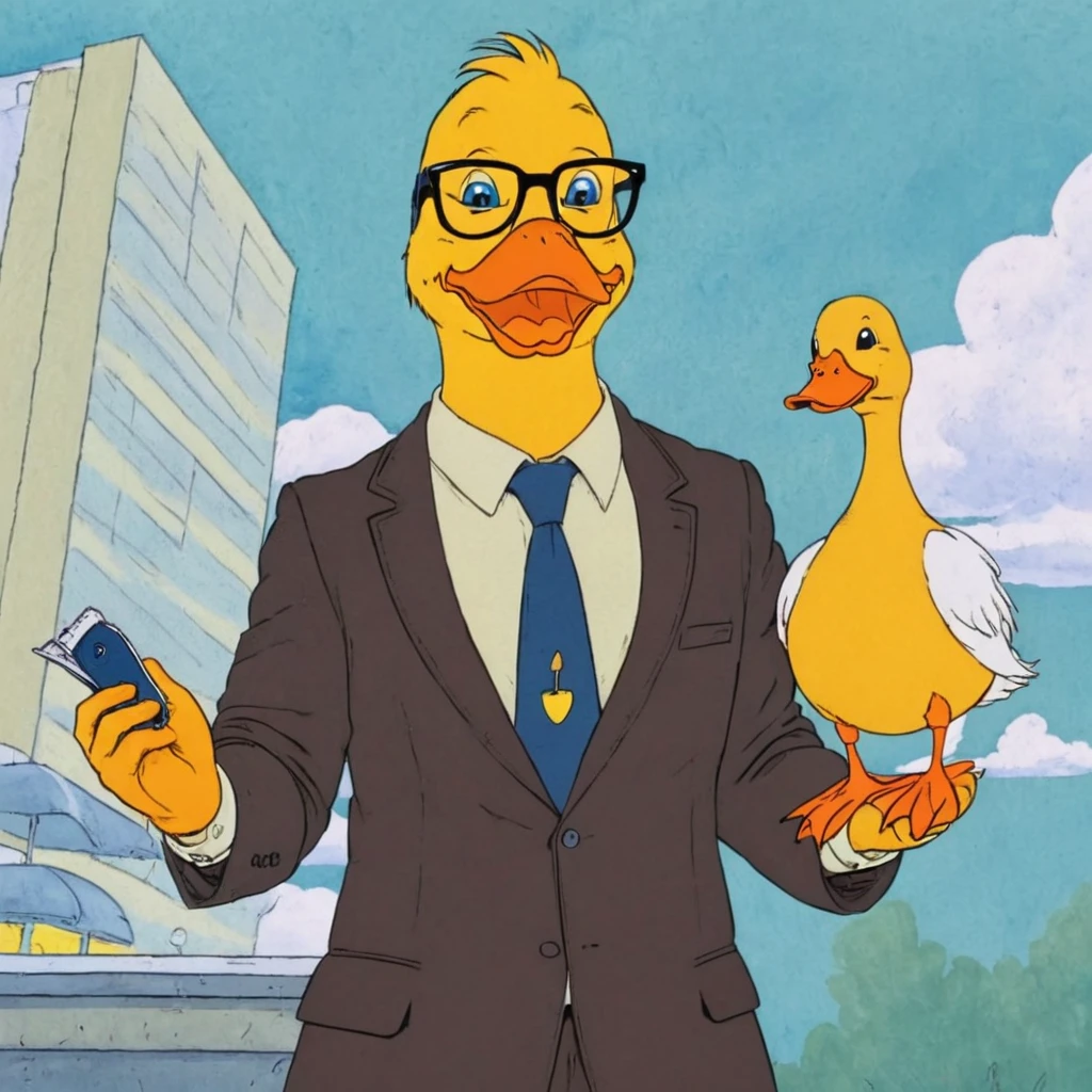 a guy stands next to a duck a duck with glasses a duck in a shirt a duck in a tie a duck in a jacket a business duck