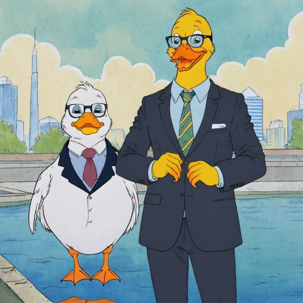 a guy stands next to a duck a duck with glasses a duck in a shirt a duck in a tie a duck in a jacket a business duck