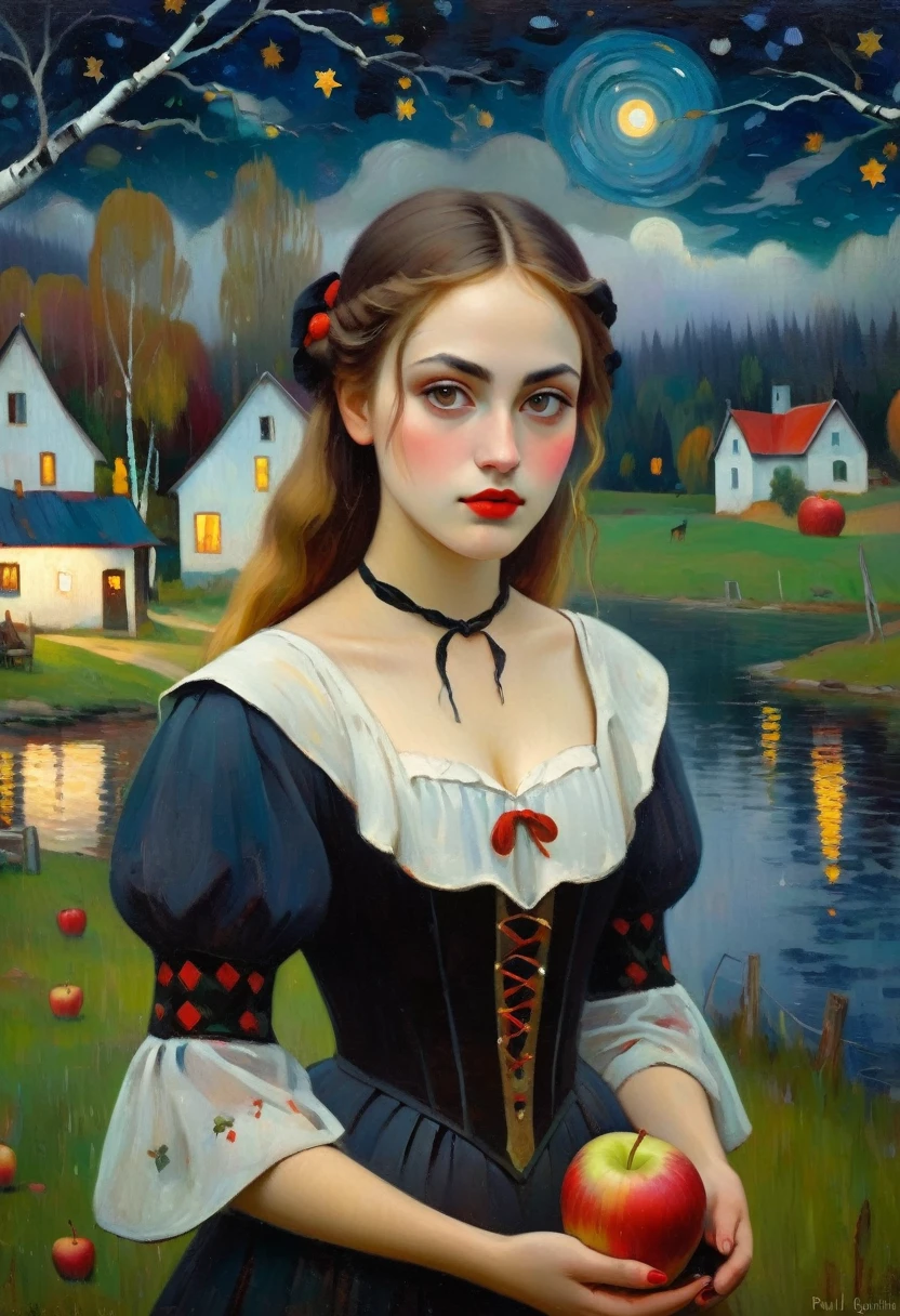 ((Paul-Gauguin style)) (Cute young attractive girl, Strong Gothic Makeup) a village by the lake and a white birch forest and an apple orchard, a starry night, ((Paul-Gauguin style!!!)), Gloomy foggy atmosphere, surrealism, The absurdity of cuteness, attractiveness and rejection of extraordinary appearance, magic naive art, primitivism, protogen, , ((best quality, Masterpiece)), ((Highest detail)), RAW:1,1, 8k