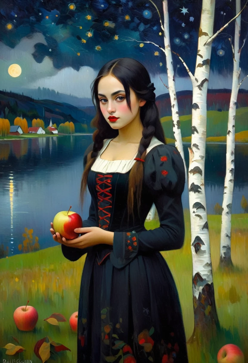 ((Paul-Gauguin style)) (Cute young attractive girl, Strong Gothic Makeup) a village by the lake and a white birch forest and an apple orchard, a starry night, ((Paul-Gauguin style!!!)), Gloomy foggy atmosphere, surrealism, The absurdity of cuteness, attractiveness and rejection of extraordinary appearance, magic naive art, primitivism, protogen, , ((best quality, Masterpiece)), ((Highest detail)), RAW:1,1, 8k
