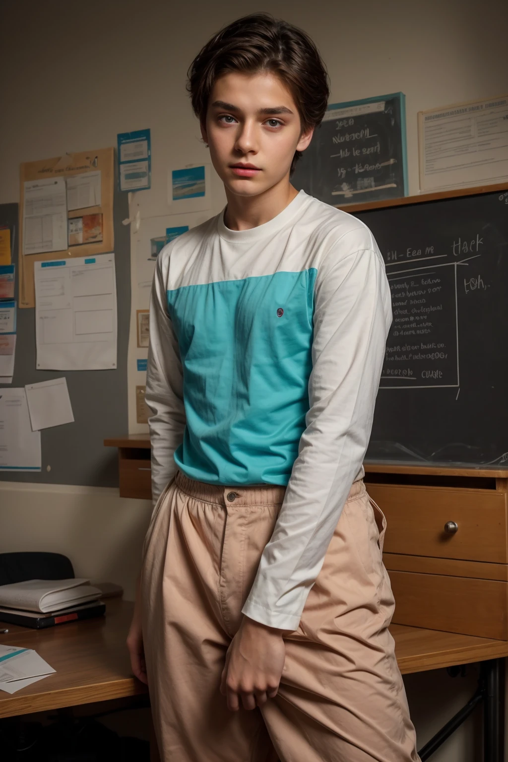 A beautiful young male twink, cute, with black hair and a face with reddish makeup, wearing a bright white long-sleeved shirt and aqua blue pants, and he is in his office, and behind him is a blackboard on which is written the shape of the brain and its anatomy, and nuclear energy comes out of it, and he has an innocent face with makeup. And red cheeks.