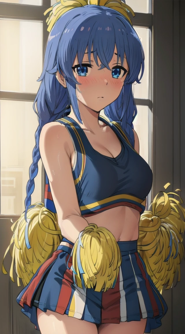 1girl,
BREAK ((twin braids, long hair, blue hair, blue eyes:1))
BREAK ((cheerleader,flustered,blushing,red:1.5))
BREAK indoors,
BREAK looking at viewer, 
BREAK (masterpiece:1.2), best quality, high resolution, unity 8k wallpaper, (illustration:0.8), (beautiful detailed eyes:1.6), extremely detailed face, perfect lighting, extremely detailed CG, (perfect hands, perfect anatomy),