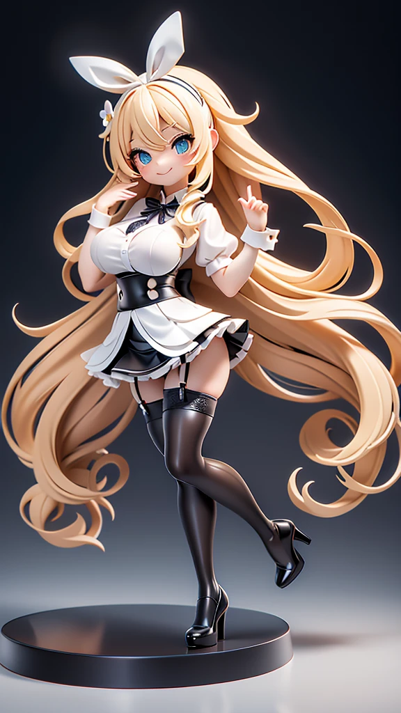 work, best quality, girl, long hair alternative, absurdly long hair, blonde hair, bow hair, aqua eyes, seductive smile, Tongue, black eyes, long eyelashes, big breasts, There is a mole on the chest, White shirt, black skirt, high heeled, shoe, period, hair ribbon, flower ribbon, hair_ribbon, hair_ribbon, hair_flower, tall, ((stockings opaque:1.4))