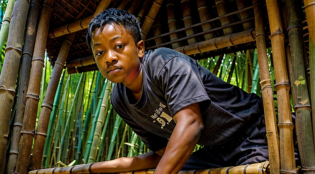 Image of a black teenager,  - wearing a dark gray long-sleeved shirt, short curly hair - long pants, straw sandals, - getting up from a bed made of straw - bamboo leaf - wakes up scared with, looking in profile at the bamboo grove, image of the bamboo grove - Image of him getting up from the straw bed - wakes up early in the morning -