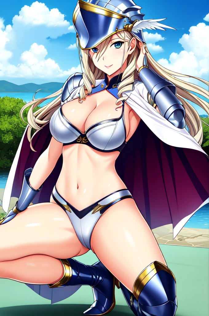 Celia Cumani Aintree | Walkure Romanze: The Tale of a Young Knight, masterpiece, best quality, an attractive sexy woman wearing a 比基尼 armor and squatting in the lake side in front of a warship, 1girl, 独奏, cloak, winged helmet, high leg bottom, boots, 比基尼, navel, breasts, cleavage, smile, looking at viewer,