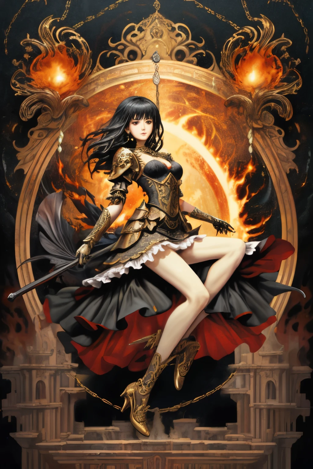 ((Finest quality)),(超A high resolution),(ultra-detailliert),(Meticulous portrayal),((Best Anime)),(Finest works of art),(Ultra-Precision Art),(The art of astounding depiction,Overwhelming depiction:1.5),(intricate and detailed art:1.6), (adult woman:1.5),(Hanging:1.6),Staring at this:1.4,sneering:1.5,(Armor shaped like a skeleton:1.3), (Black Flame:1.5), terrifying, nightmarish, cosmic horror, body horror, a heavenly female knight, imposing, biblical, very skinny, detailed, best quality, prominent collarbones, skinny arms, flat stomach, visible hip bones, full body, red and white clothing, occult aesthetic, occult, detailed and intricate steampunk and detailed gothic, Fluttering lace flared long knee length dress with frilly petticoats, knee length dress, pleated petticoats, petticoats gothic, complex lace boots, gothic aesthetic, wielding a mighty sword with mechanical components, mandalas, full body, whole body, body, chains,