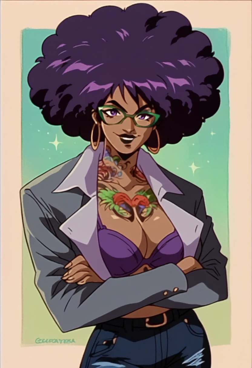 beautyful brown woman, brown skin, black skin, huge full afro purple hair, black lipstick, full lips, purple bra, purple eyes, black motorcyclist jacket, black jeans, hoop earring, green glasses, dragon tattoo, crossed arms, smile, night
