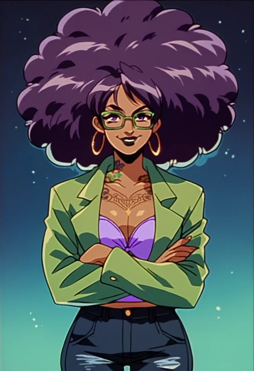beautyful brown woman, brown skin, black skin, huge full afro purple hair, black lipstick, full lips, purple bra, purple eyes, black motorcyclist jacket, black jeans, hoop earring, green glasses, dragon tattoo, crossed arms, smile, night