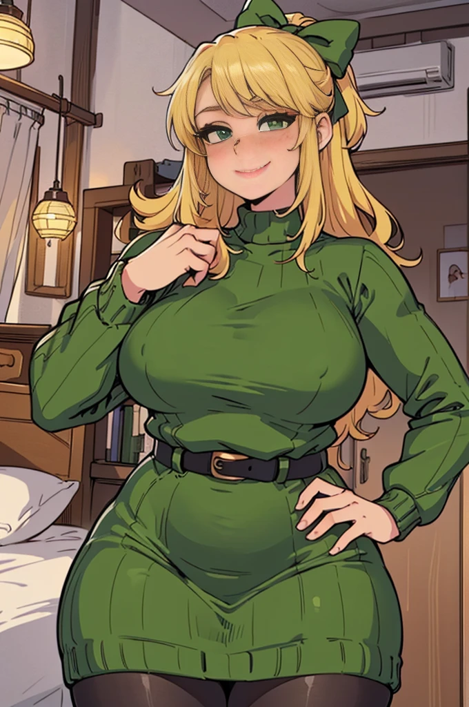 ((art by Kipteitei)), ((Masterpiece, best quality, perfect lighting, amazing shading)), (perfect anatomy, realistic proportions), field of depth, extremely beautiful, detailed face, ultra cute face, cute, long blonde hair, hair ribbons, green eyes, sweater dress, pantyhose, cute smile, (curvy), [belt], blushing, (elegant pose), bedroom background, detailed background