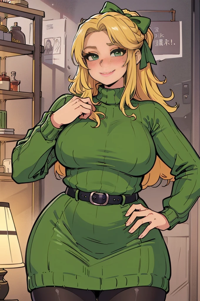 ((art by Kipteitei)), ((Masterpiece, best quality, perfect lighting, amazing shading)), (perfect anatomy, realistic proportions), field of depth, extremely beautiful, detailed face, ultra cute face, cute, long blonde hair, hair ribbons, green eyes, sweater dress, pantyhose, cute smile, (curvy), [belt], blushing, (elegant pose), bedroom background, detailed background