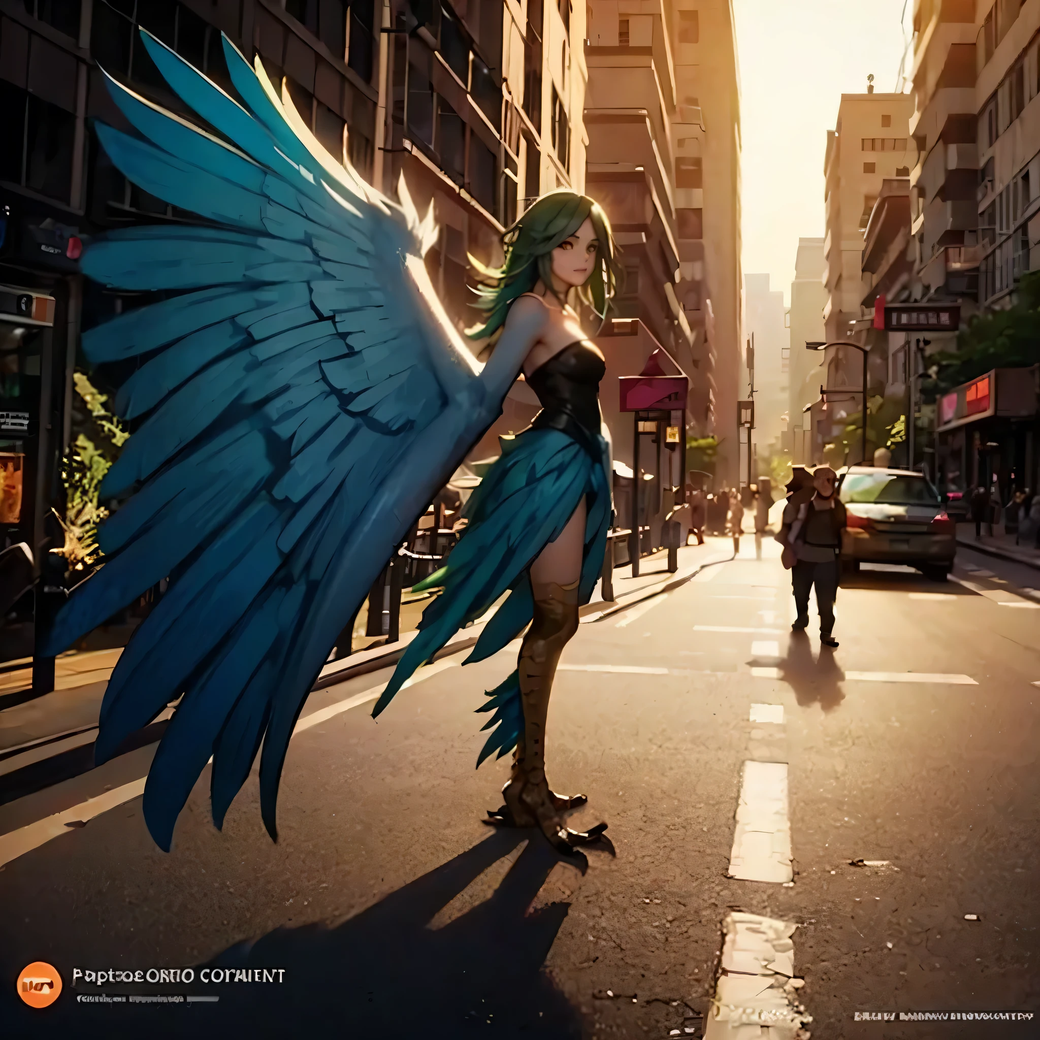 a harpy with wings for arms, green hair, green feathers, standing in front of a traffic map on a news channel, detailed and realistic, cinematic lighting, atmospheric, highly detailed, masterpiece, photorealistic, vibrant colors, 8k, sharp focus, professionally painted, concept art style