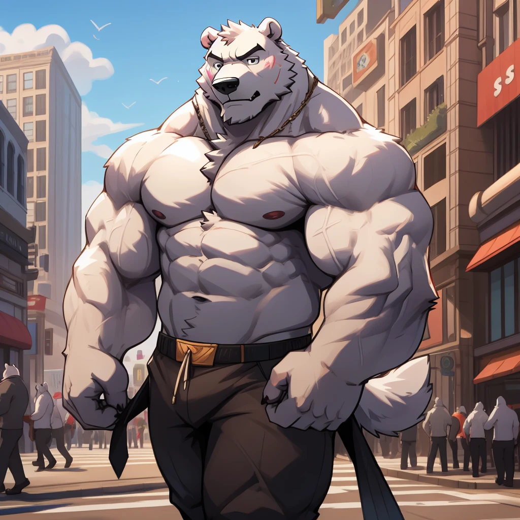 "Solo, a massive and muscular elderly polar bear with huge white fur strutting confidently through the bustling city streets, exhibiting his Herculean physique, shirtless and awe-inspiring."