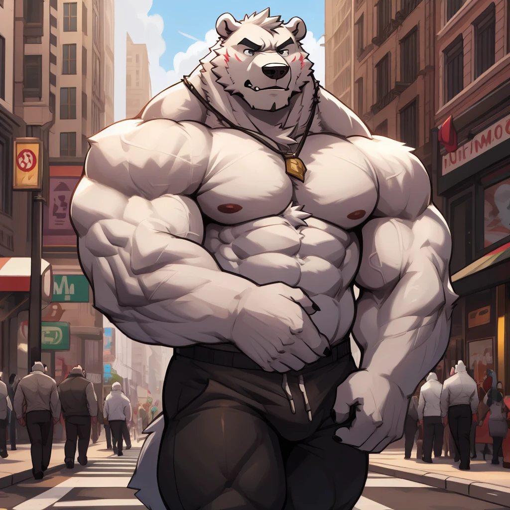 "Solo, a massive and muscular elderly polar bear with huge white fur strutting confidently through the bustling city streets, exhibiting his Herculean physique, shirtless and awe-inspiring."