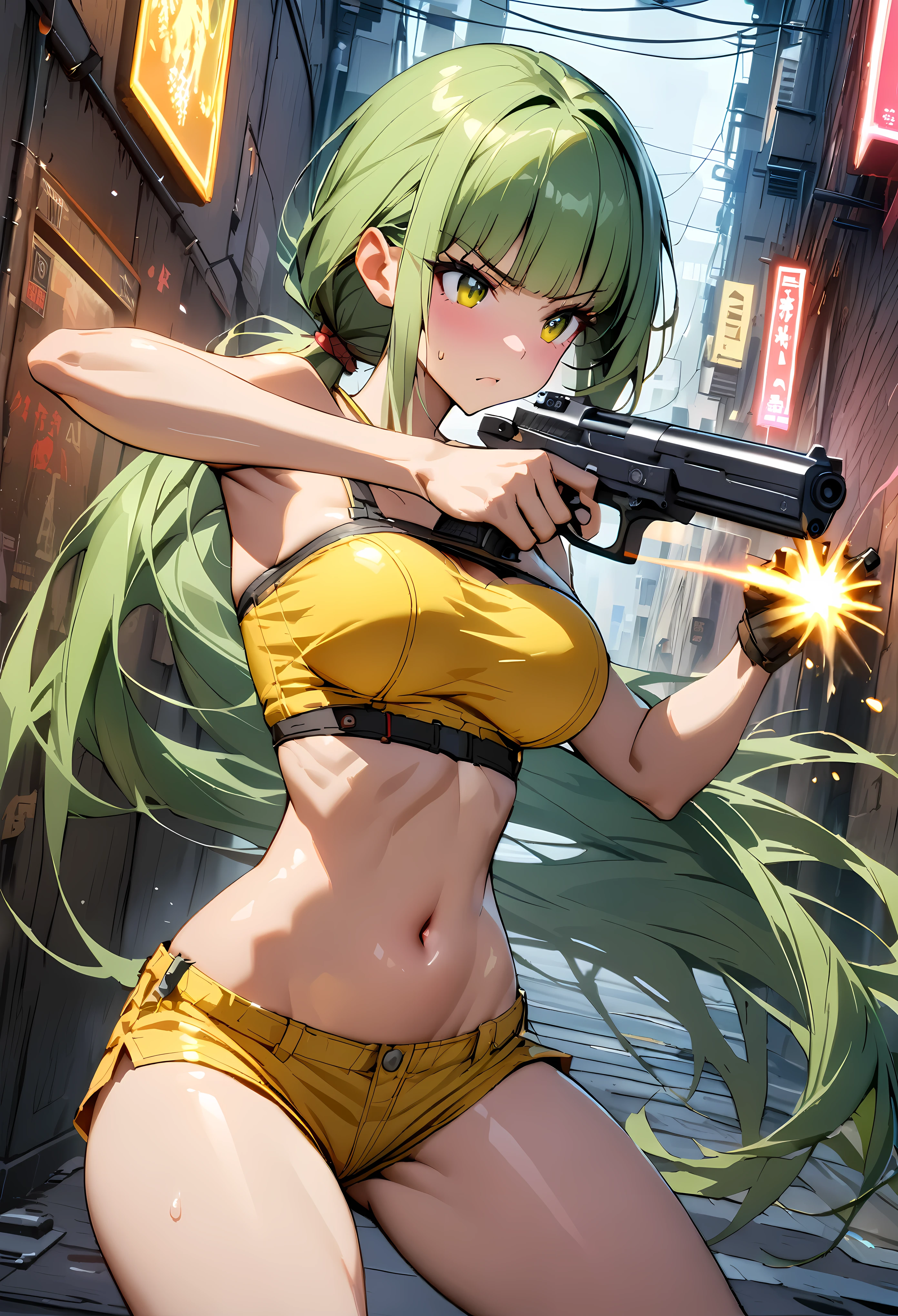 Action Scenes、((masterpiece,Highest quality:1.3)),cowboy shot,1woman,30 year old beauty、Investigator、solo,(very small head:1.3),green hair,(low ponytail),long hair,blunt bangs,green eyes,gorgeous eyes,Serious expression、medium breasts,(very long body:1.2),(toned body,slender body,skinny),gleaming skin,shiny skin,oily skin,Yellow tube top shirt、navel、Yellow micro shorts、A precisely rendered handgun in one hand、((Shoot a gun、Firing stance)),run、Tracking、Alley、Metropolis,neon、World of Blade runner、